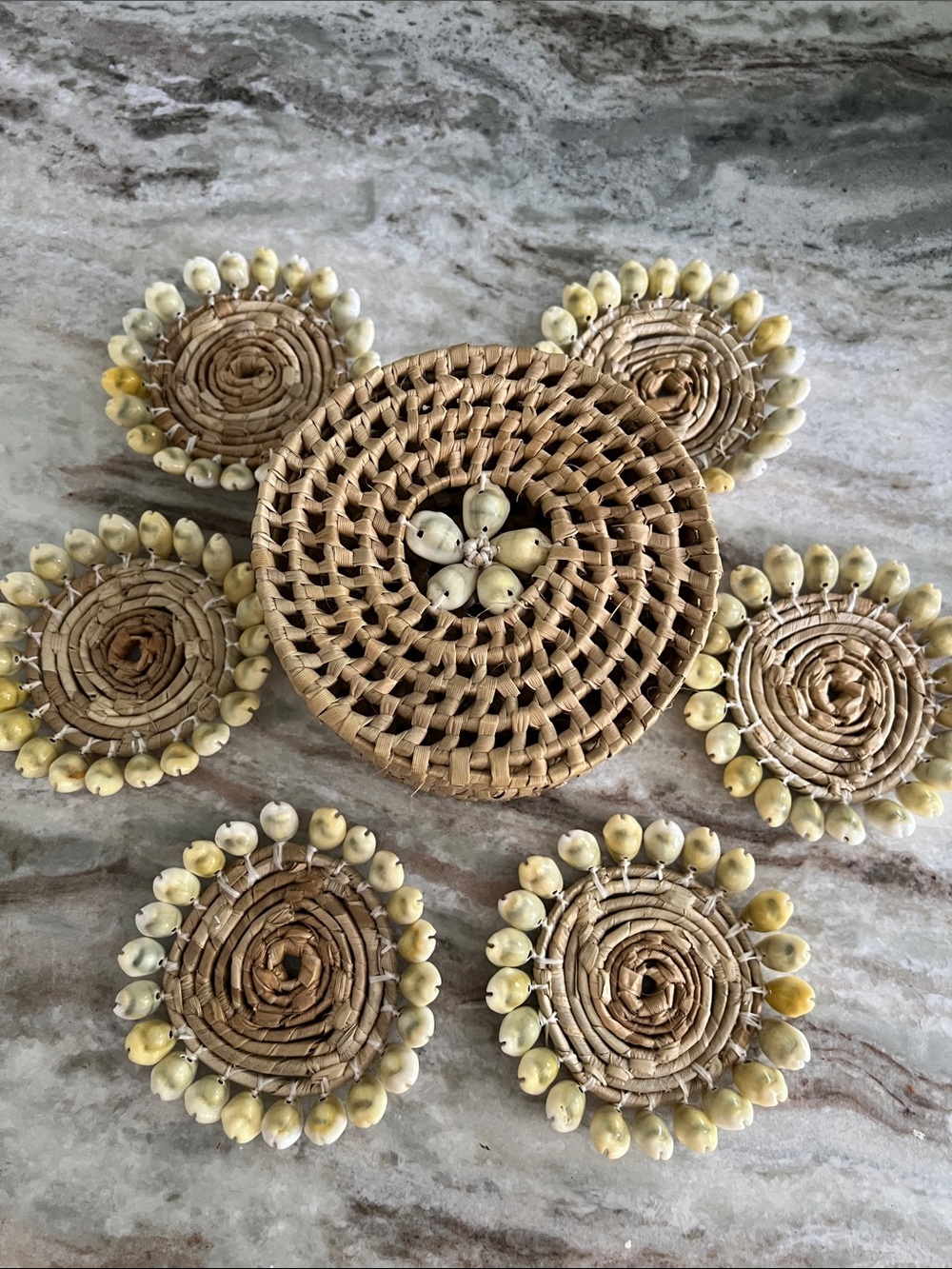 Handwoven Shell Coasters - set of 6 with Wicker Basket